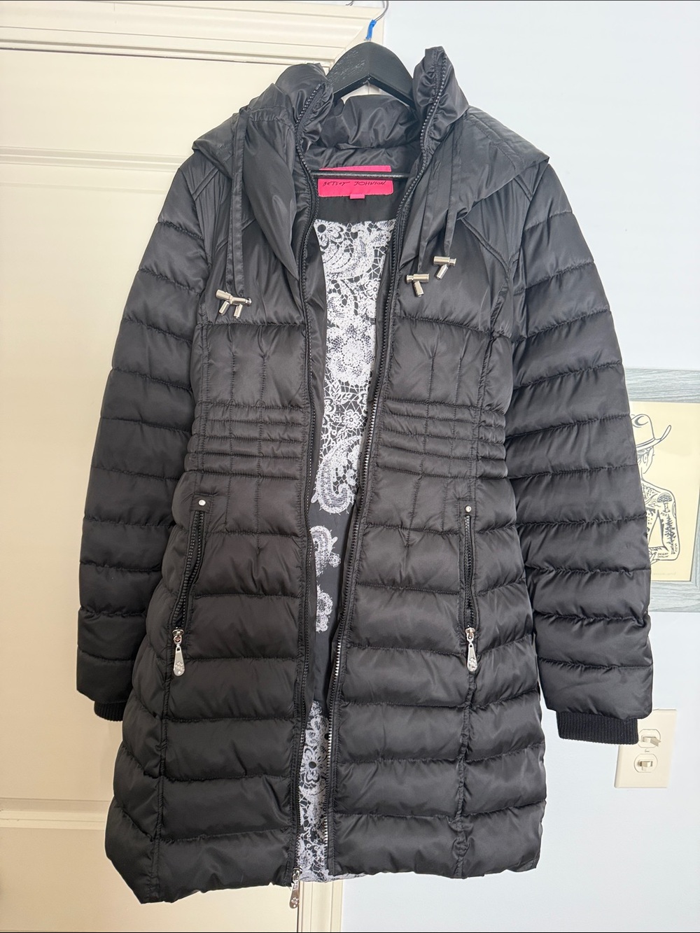Betsey Johnson Black Quilted Hooded Puffer Coat